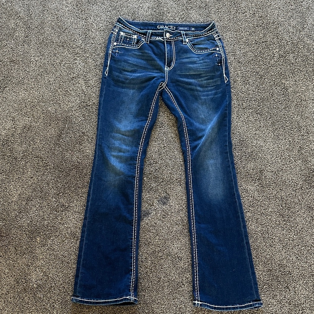 Grace in LA Dark Blue Bootcut Jeans with Contrast Stitching